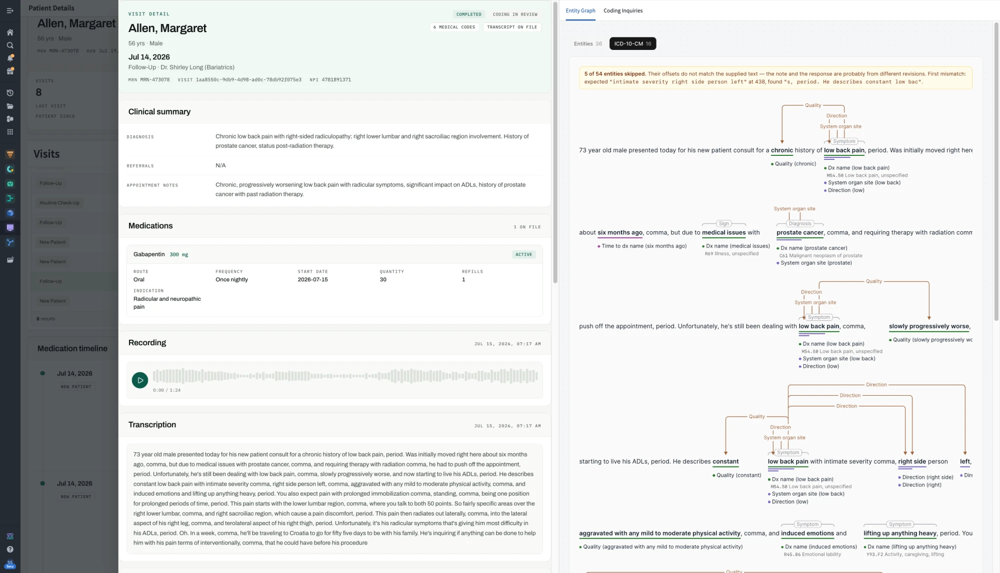 Visit detail with transcription and a coded clinical entity graph used to assemble the authorization packet