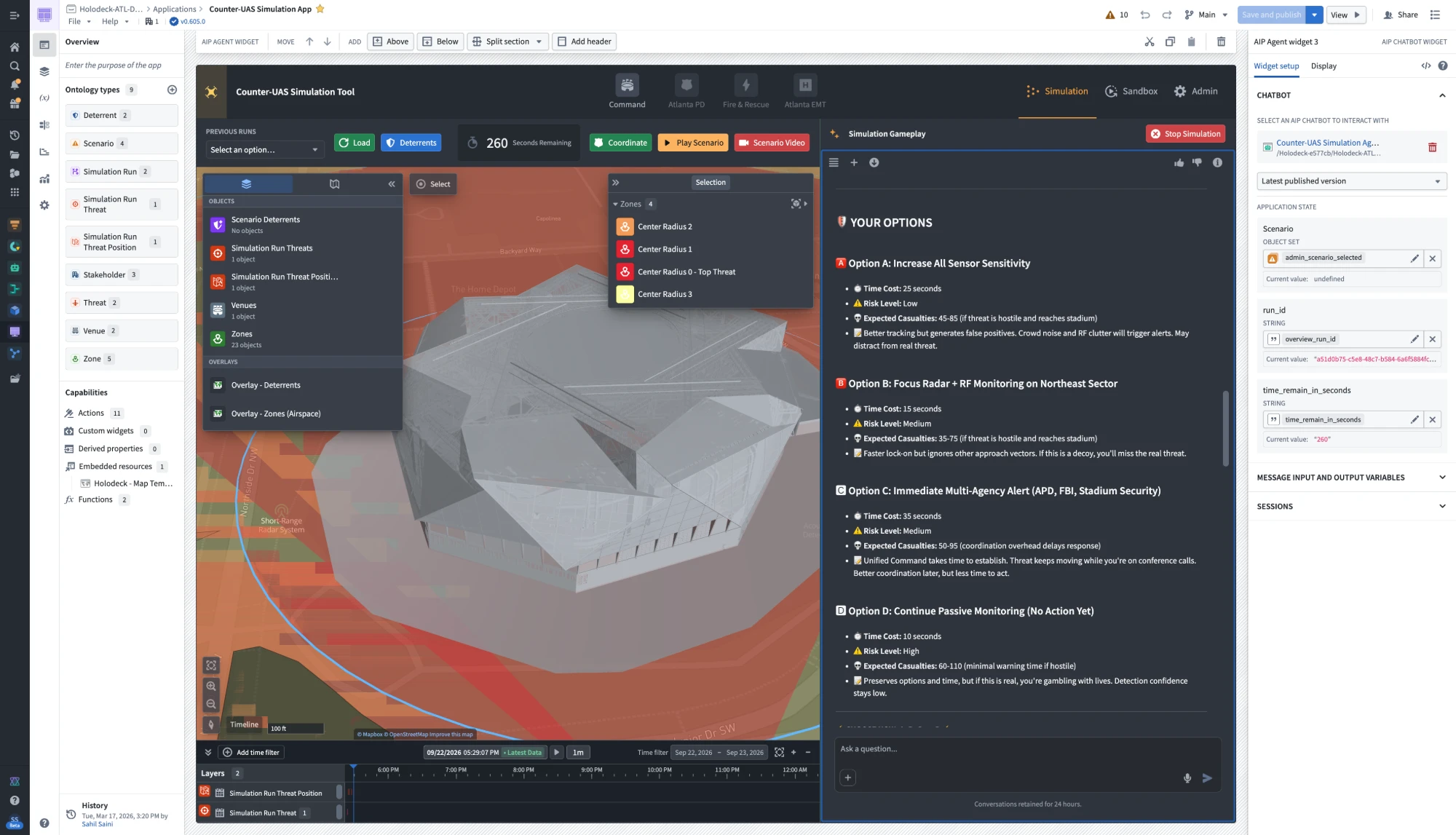 Counter-UAS simulation tool showing a 3D venue with airspace zones beside an AIP agent weighing response options