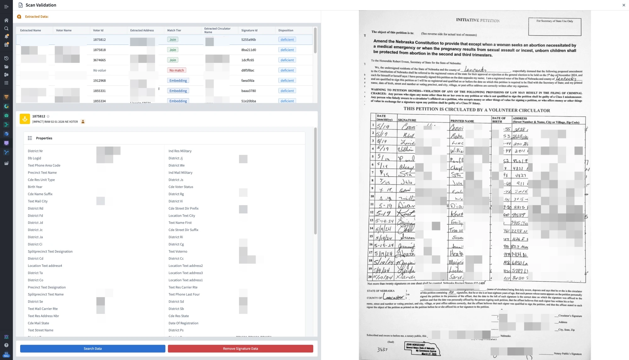 Scan validation workspace pairing extracted signer records with the scanned petition sheet